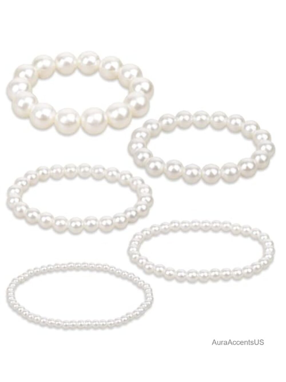 5 Pcs White Pearl Bracelets for Women, Stretch Bridesmaid Bridal Elastic